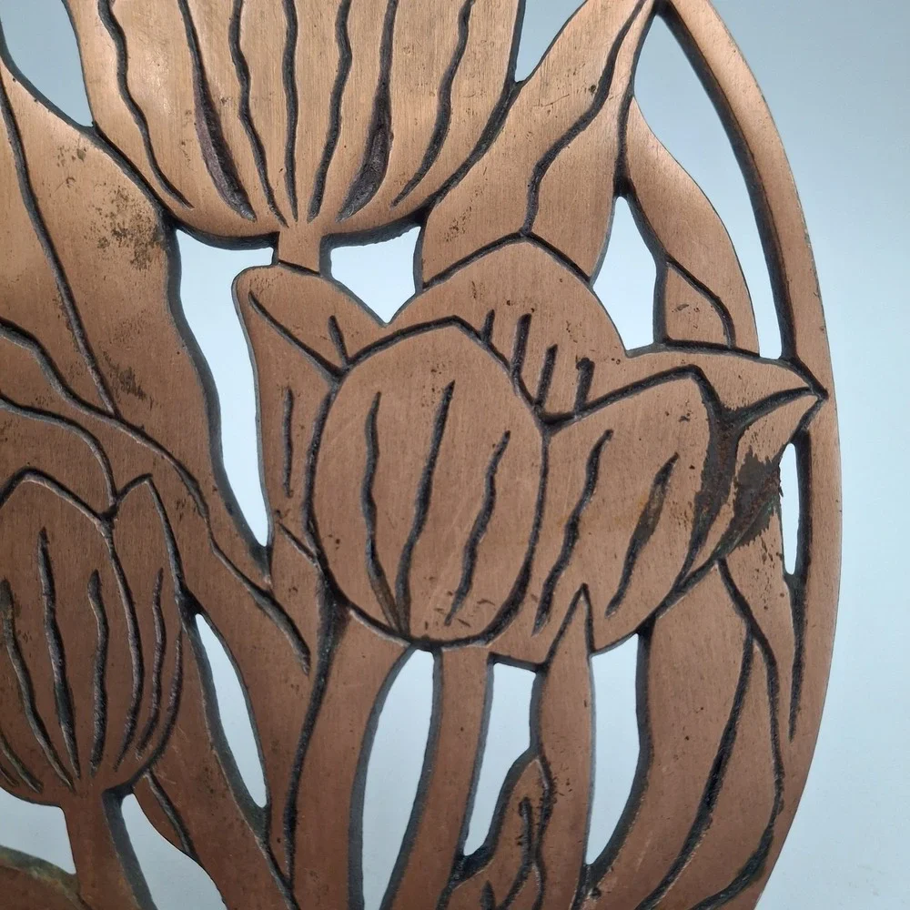 Vintage 1990 ODI Old Dutch Copper Tulip Trivet Cast Iron Flower Hot Plate Taiwan
